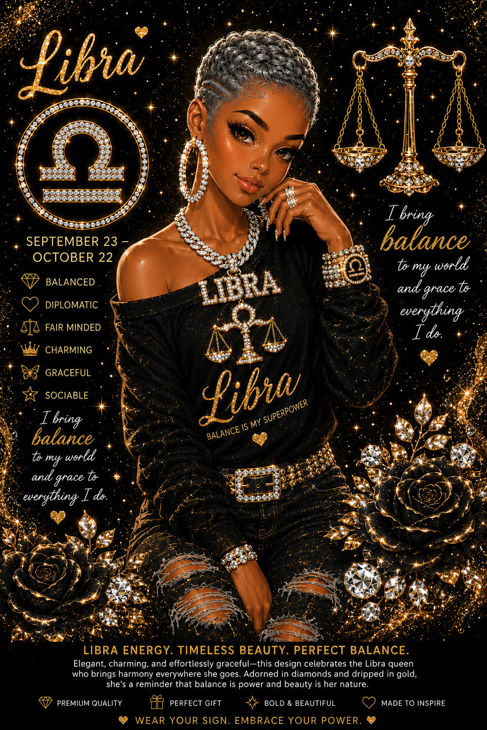 Libra Queens with Blings Tumbler 20 oz Skinny Tumbler Sublimation Design | Black & Gold Zodiac